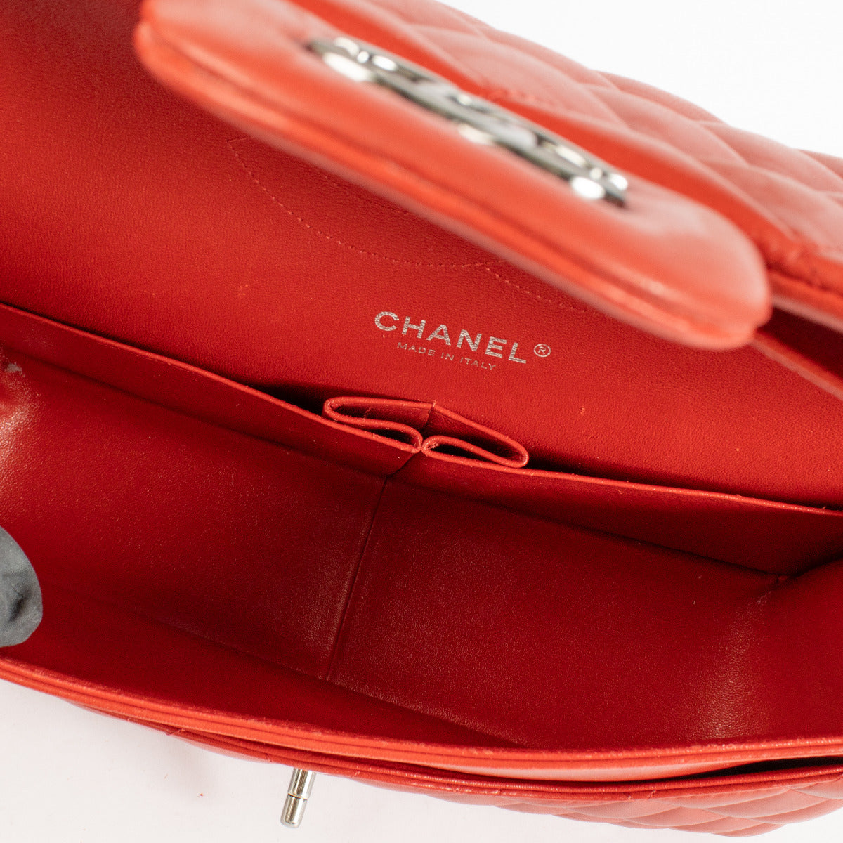 authentic Chanel Red Lambskin Large Flap/ Jumbo Classic Bag on Labellov.com