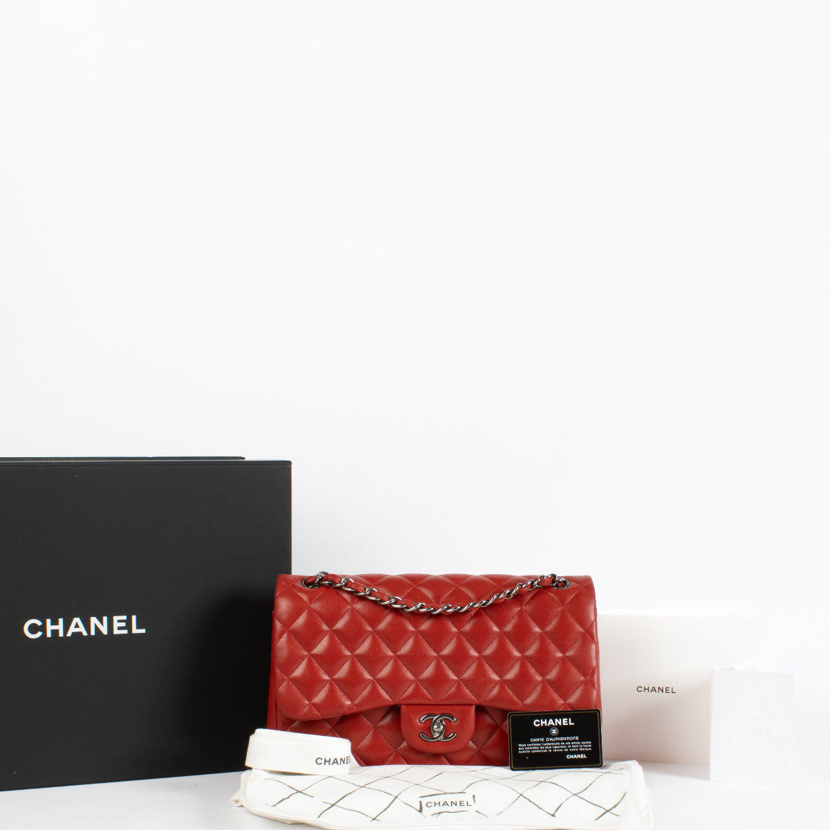 authentic Chanel Red Lambskin Large Flap/ Jumbo Classic Bag on Labellov.com