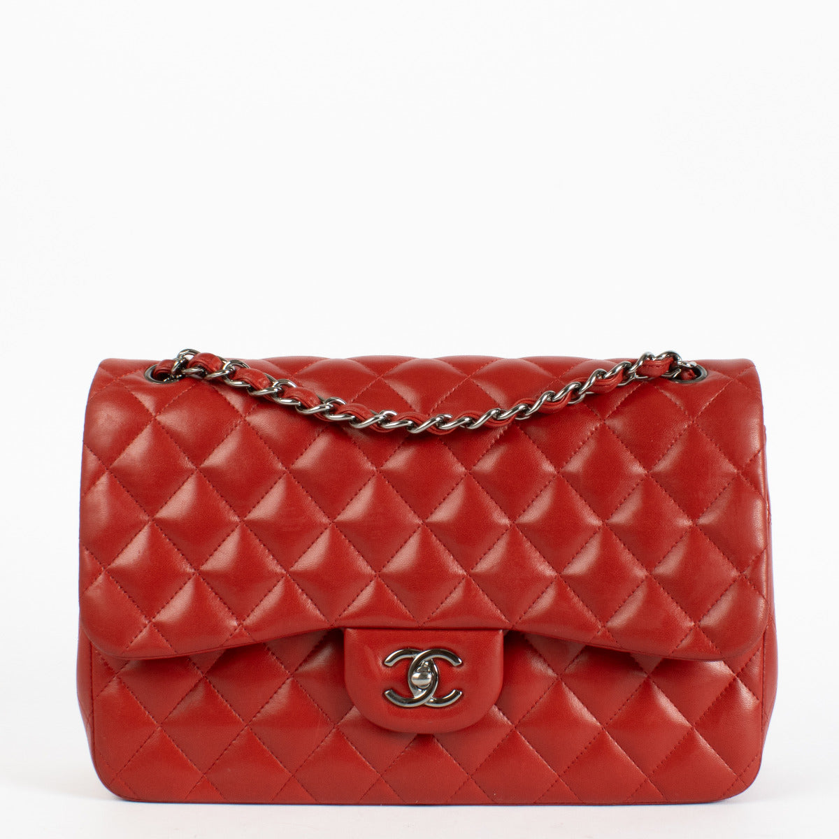 authentic Chanel Red Lambskin Large Flap/ Jumbo Classic Bag on Labellov.com
