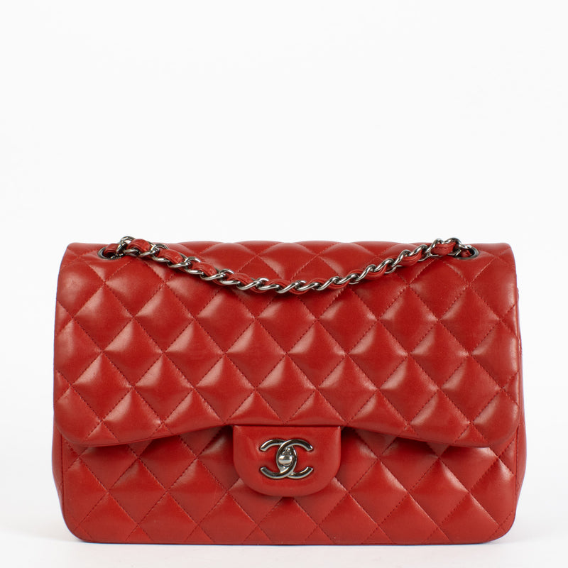 authentic Chanel Red Lambskin Large Flap/ Jumbo Classic Bag on Labellov.com