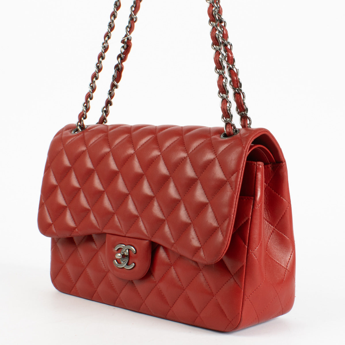 authentic Chanel Red Lambskin Large Flap/ Jumbo Classic Bag on Labellov.com