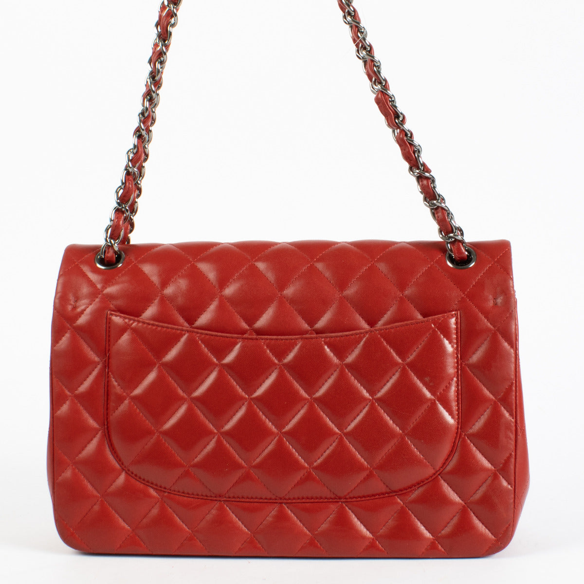 authentic Chanel Red Lambskin Large Flap/ Jumbo Classic Bag on Labellov.com