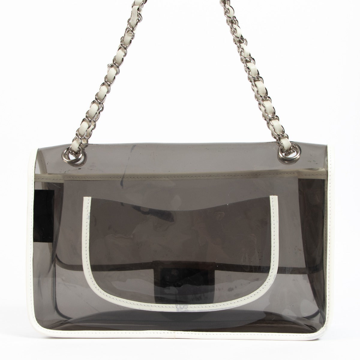 Sac à rabat classique transparent en vinyle Chanel Heart CC