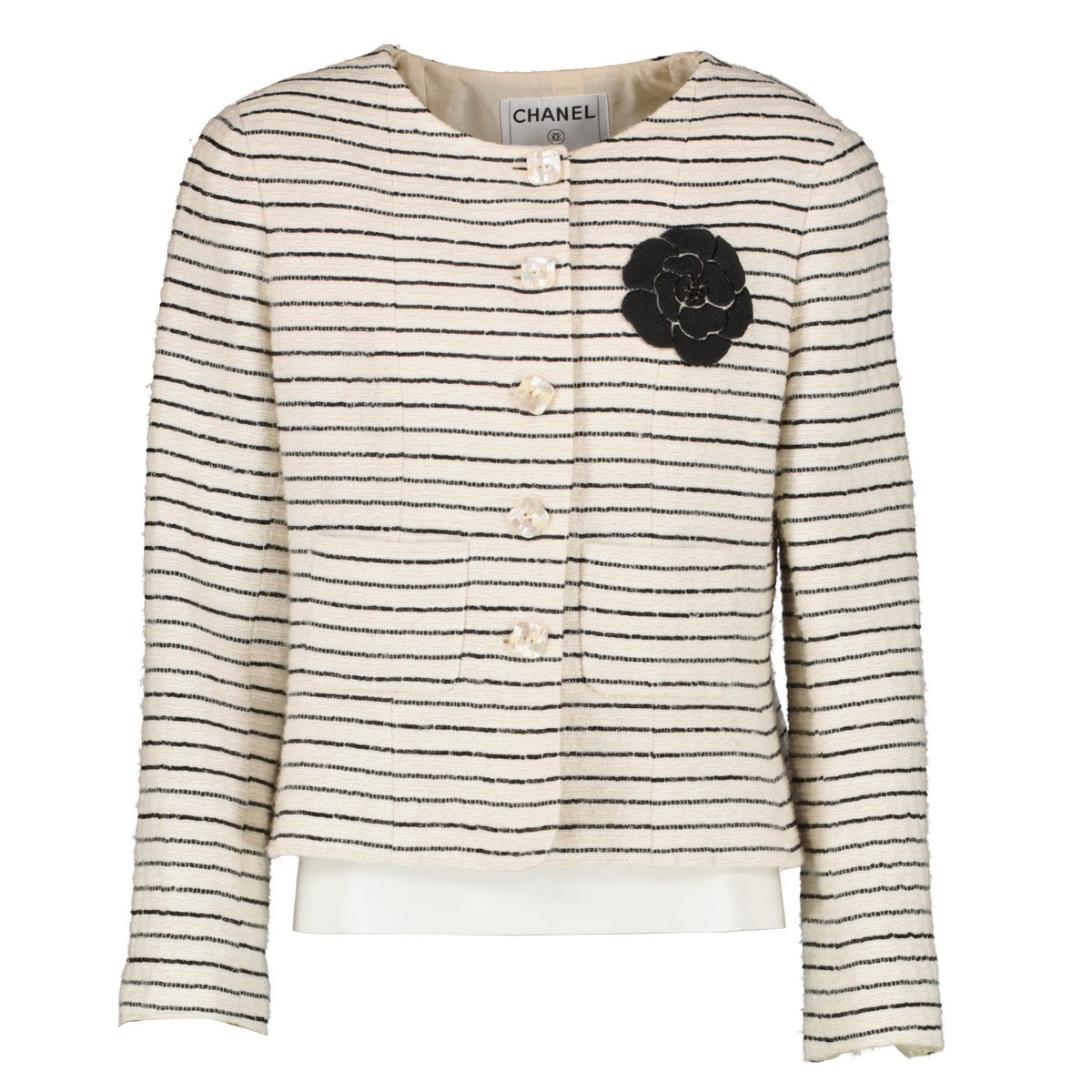 Chanel 01C Ivory Camellia Sequin Embroidery Tweed Jacket