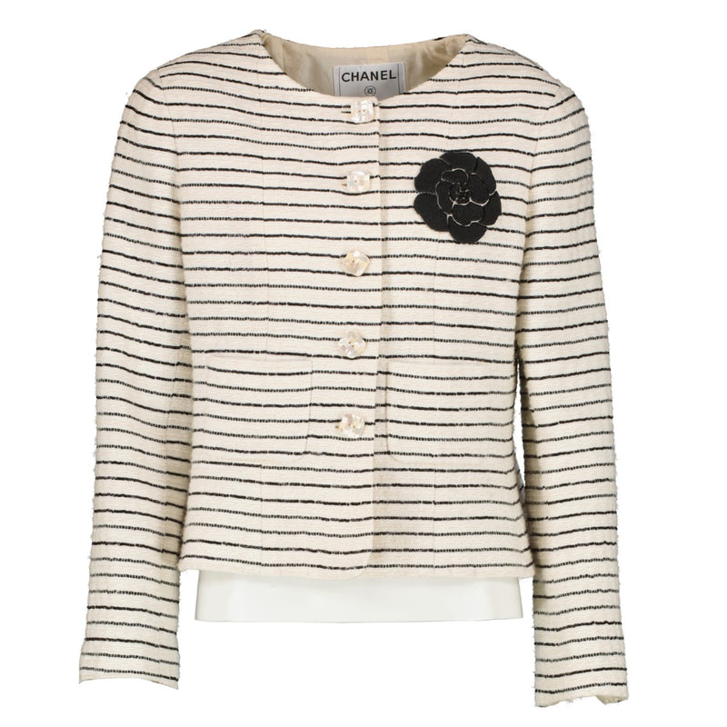 Chanel 01C Ivory Camellia Sequin Embroidery Tweed Jacket