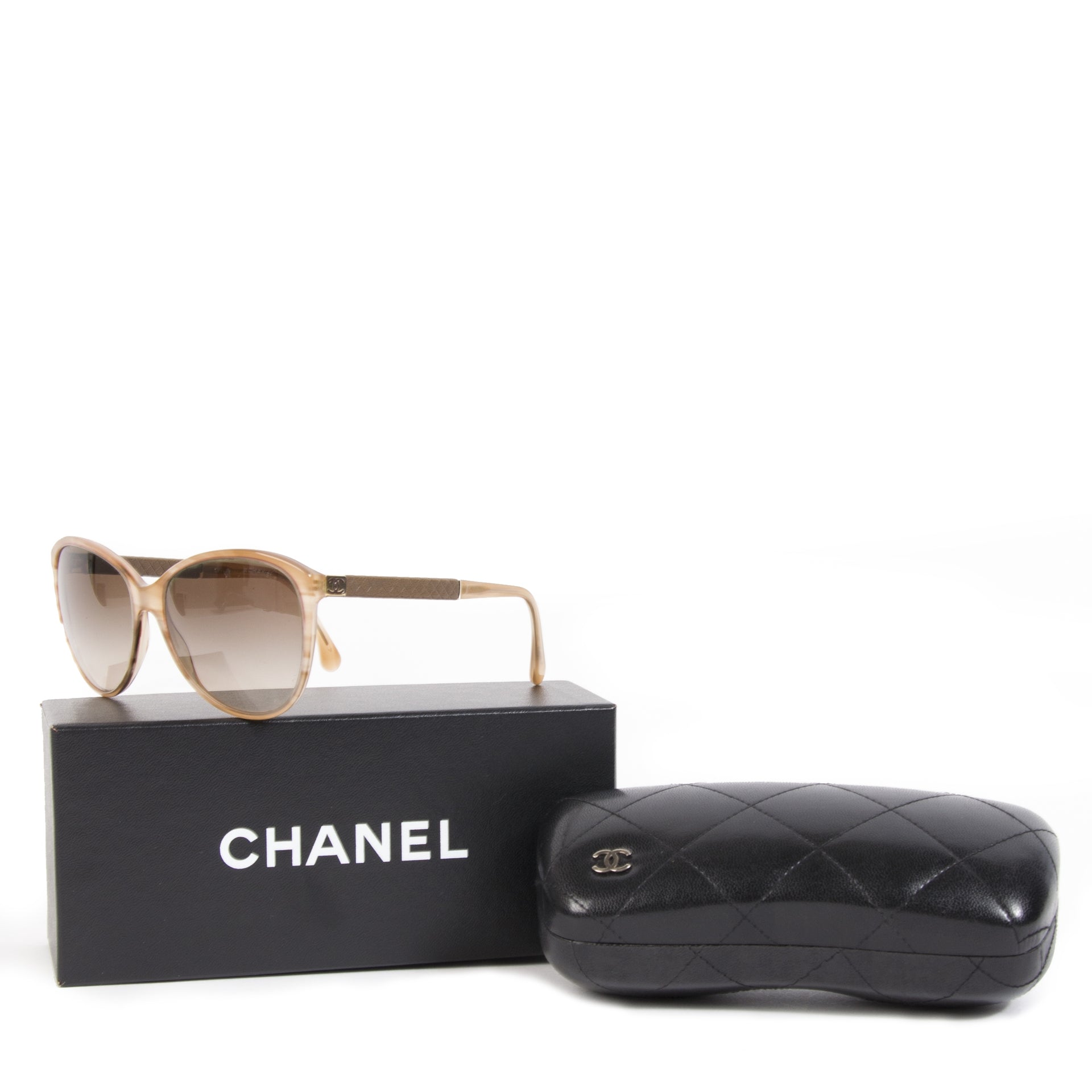 Chanel Beige Tortoise Cat Eye Sunglasses with Quilted Leather