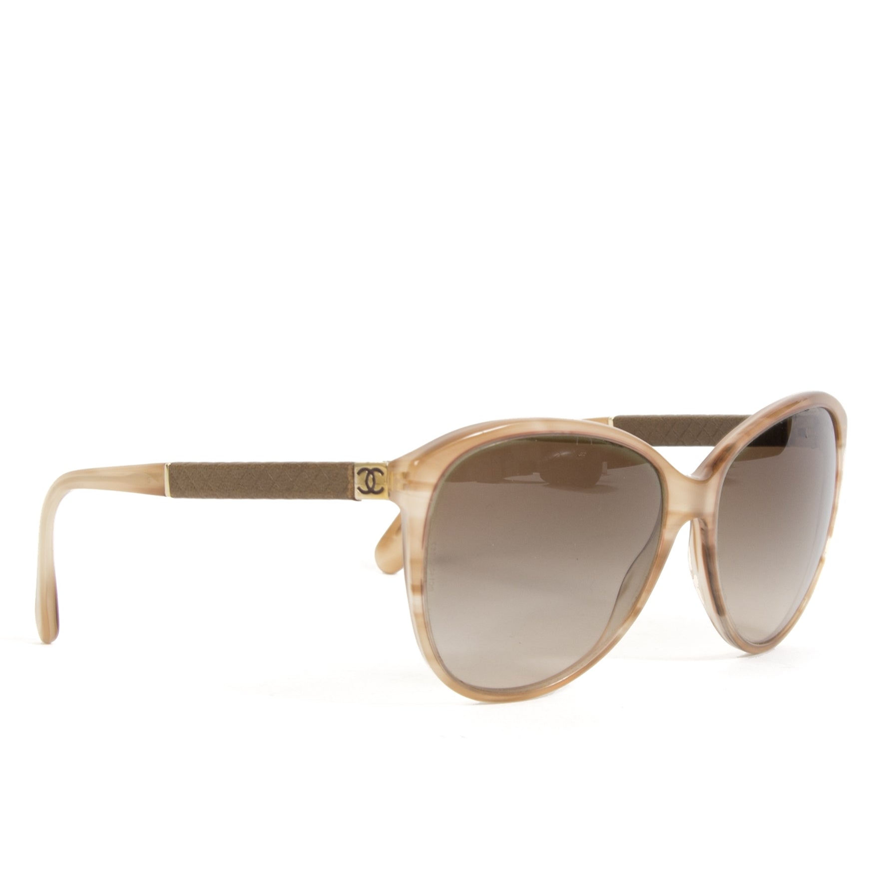 Chanel Beige Tortoise Cat Eye Sunglasses with Quilted Leather