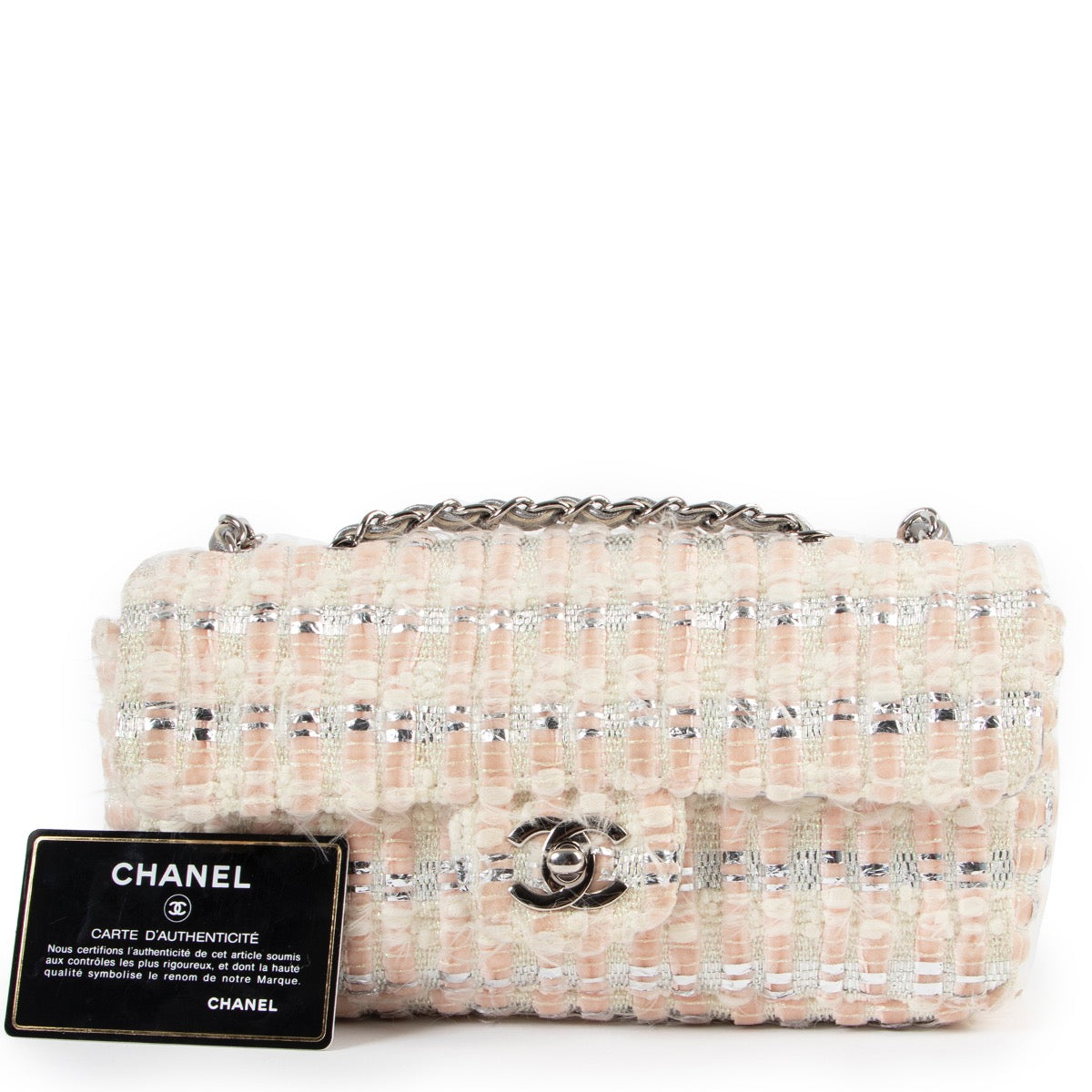 shop safe online tweedehands Chanel Silver White Tweed Mini Flap Bag