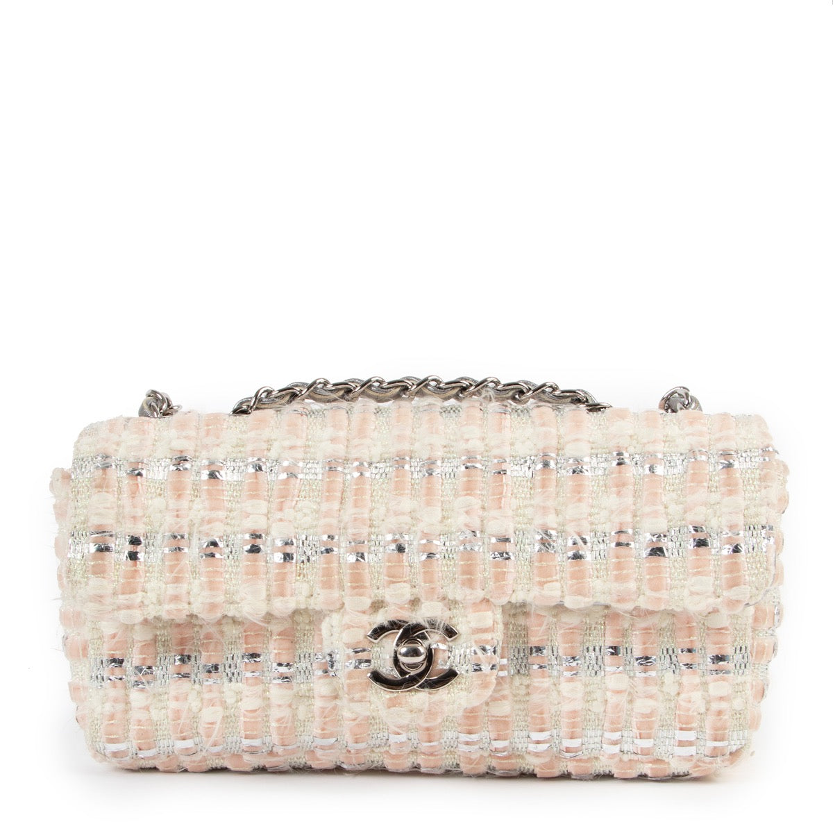 Chanel Silver White Tweed Mini Flap Bag
