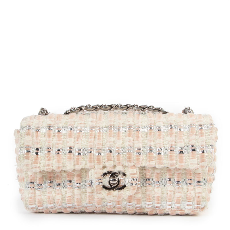 Chanel Silver White Tweed Mini Flap Bag