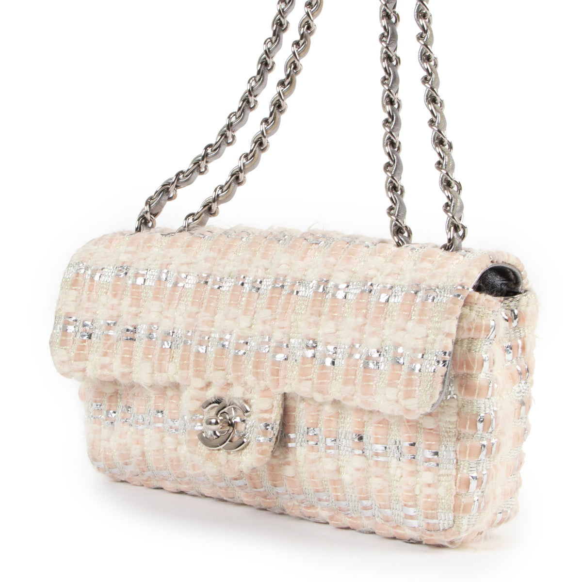 hard to find Chanel Silver White Tweed Mini Flap Bag secondhand Chanel Silver White Tweed Mini Flap Bag
