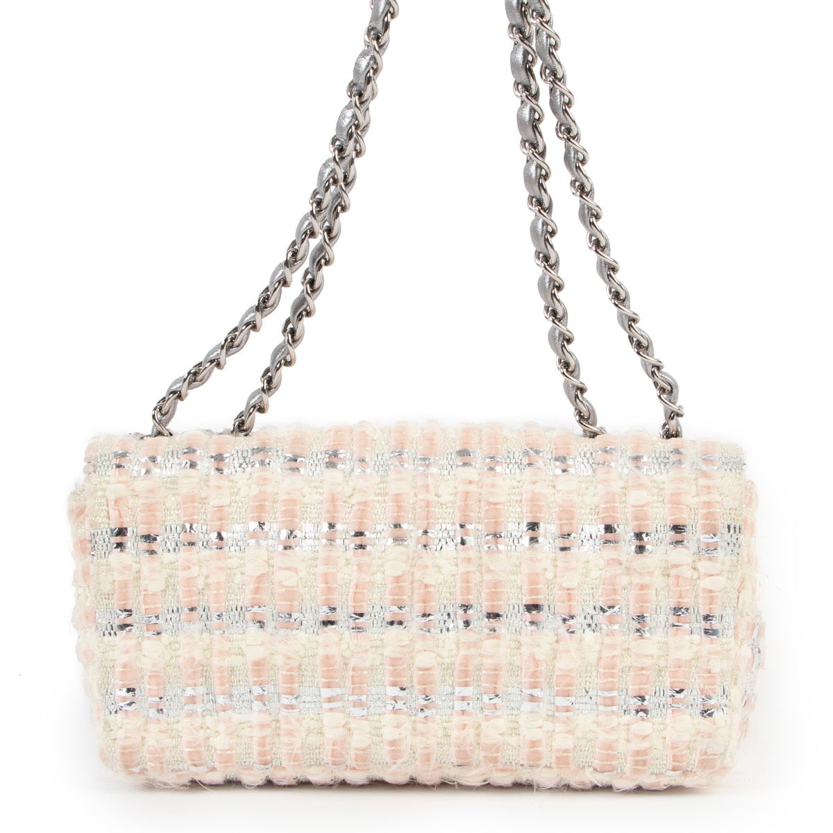 100% authentic Chanel Silver White Tweed Mini Flap Bag