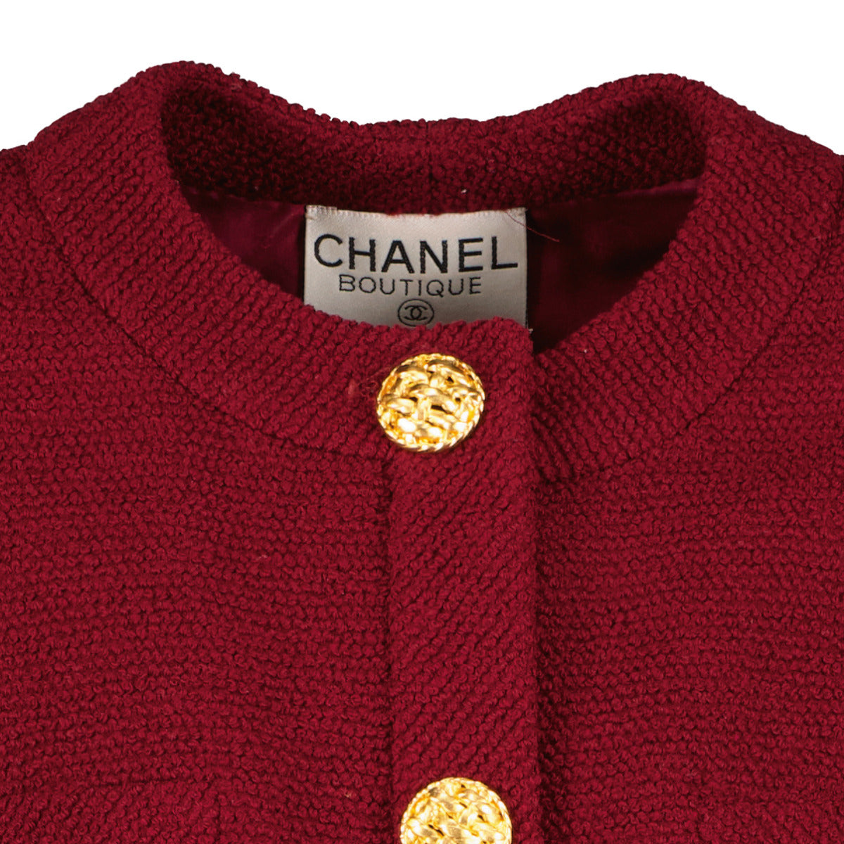 Shop safe online at Labellov in Antwerp this 100% authentic second hand Chanel Burgundy Tweed Jacket with Gold Buttons