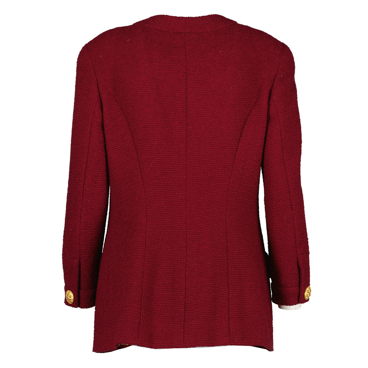 Shop safe online at Labellov in Antwerp this 100% authentic second hand Chanel Burgundy Tweed Jacket with Gold Buttons