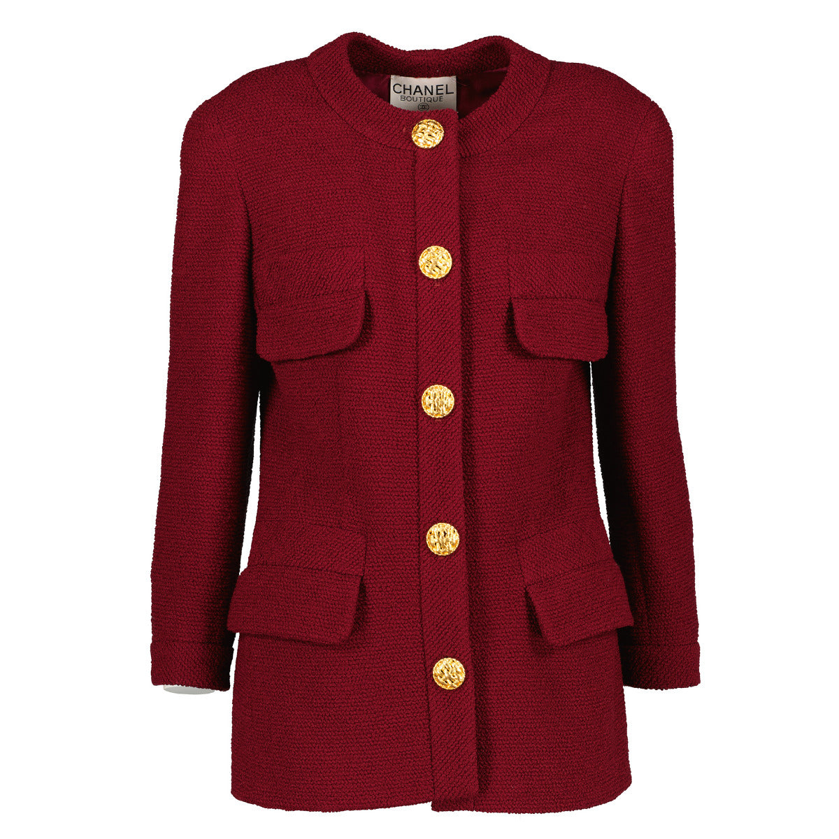 Shop safe online at Labellov in Antwerp this 100% authentic second hand Chanel Burgundy Tweed Jacket with Gold Buttons