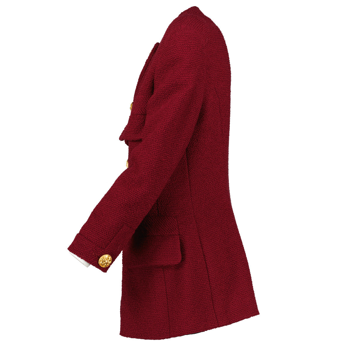 Shop safe online at Labellov in Antwerp this 100% authentic second hand Chanel Burgundy Tweed Jacket with Gold Buttons