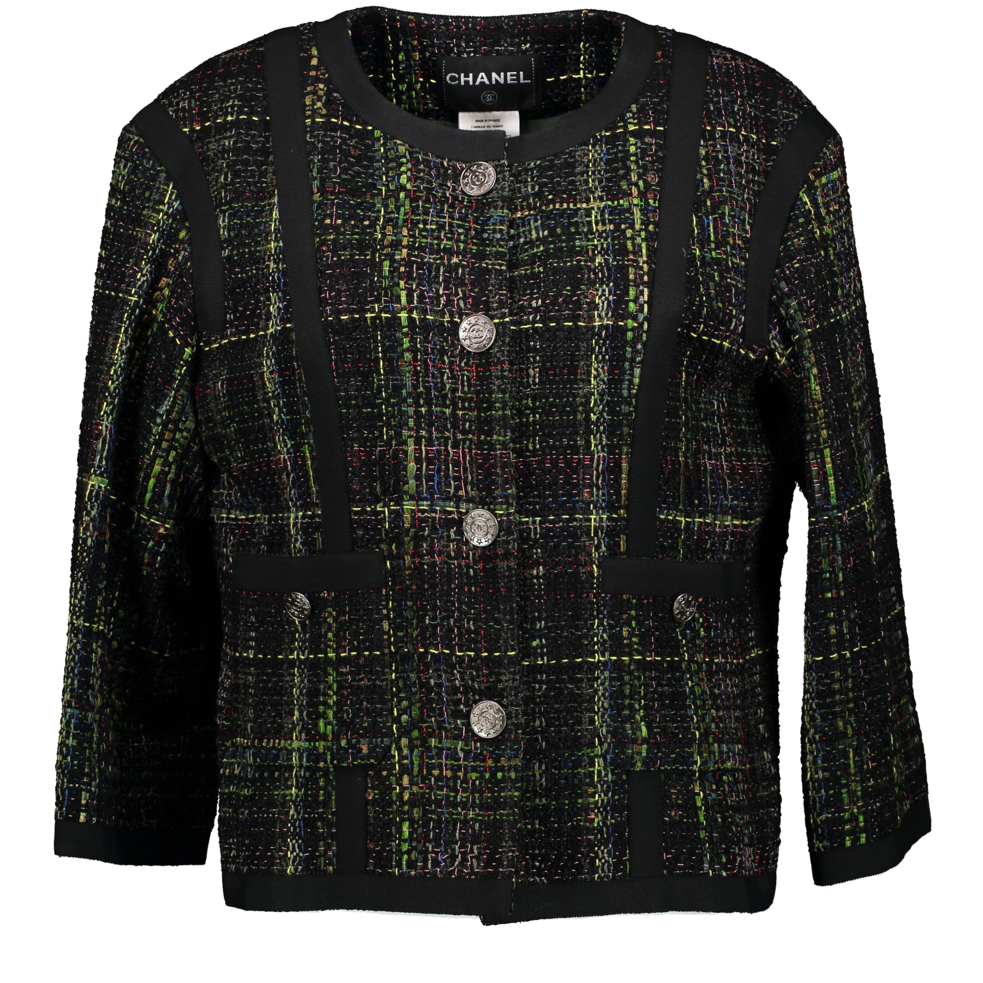 Chanel Black Green Tweed Jacket - Size FR 46 for sale online at Labellov secondhand