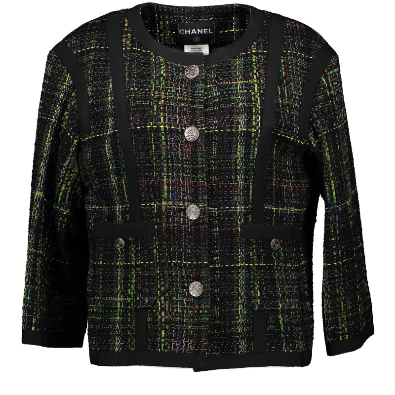 Chanel Black Green Tweed Jacket - Size FR 46 for sale online at Labellov secondhand