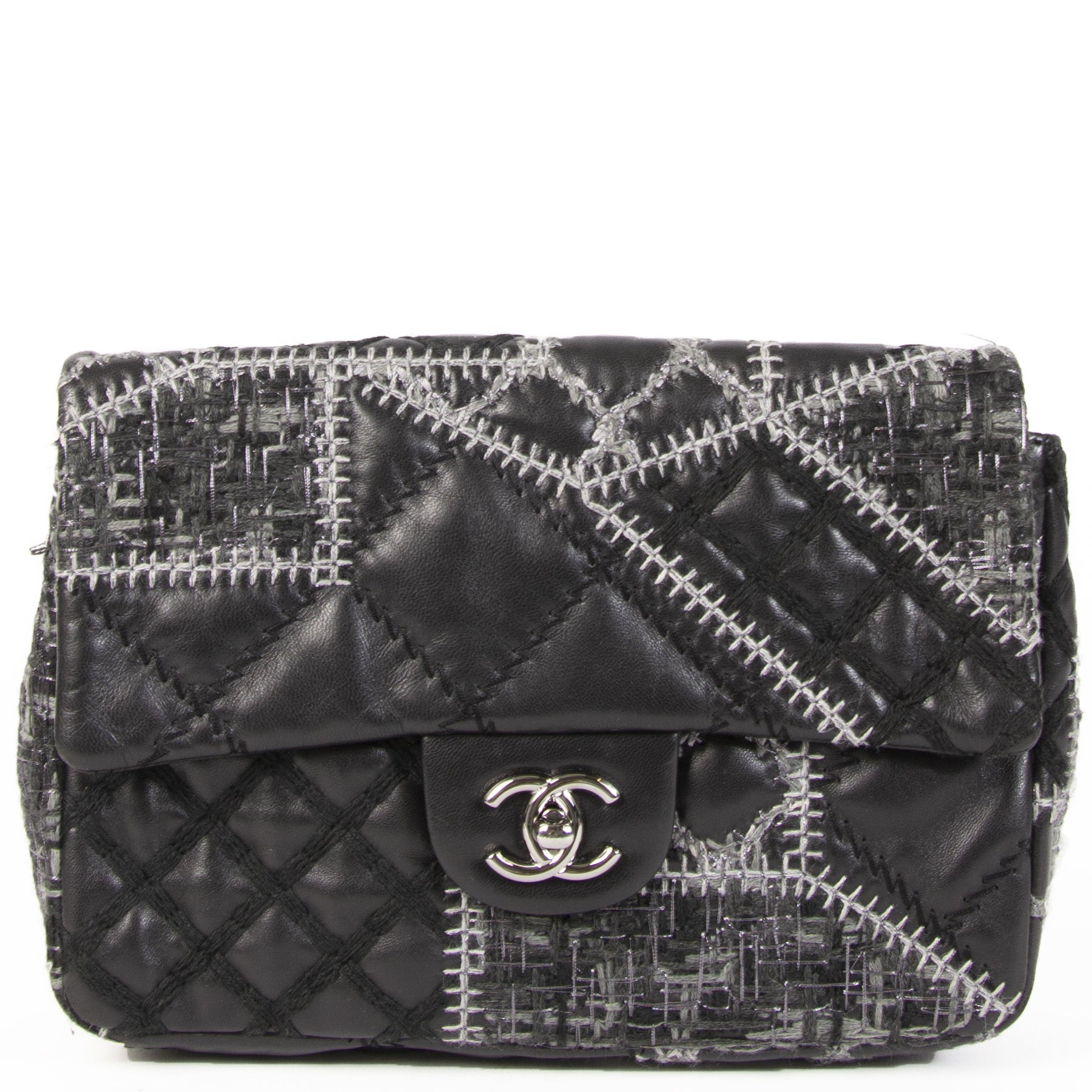 Chanel Small Black Quilted Tweed/Leather Patchwork Stitch Flap Bag for the best price