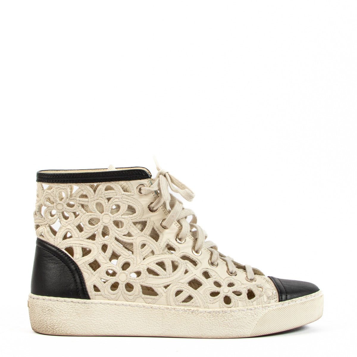 Chanel Two Tone Camellia Cut Out High Top Sneakers