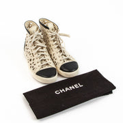 Chanel Two Tone Camellia Cut Out High Top Sneakers