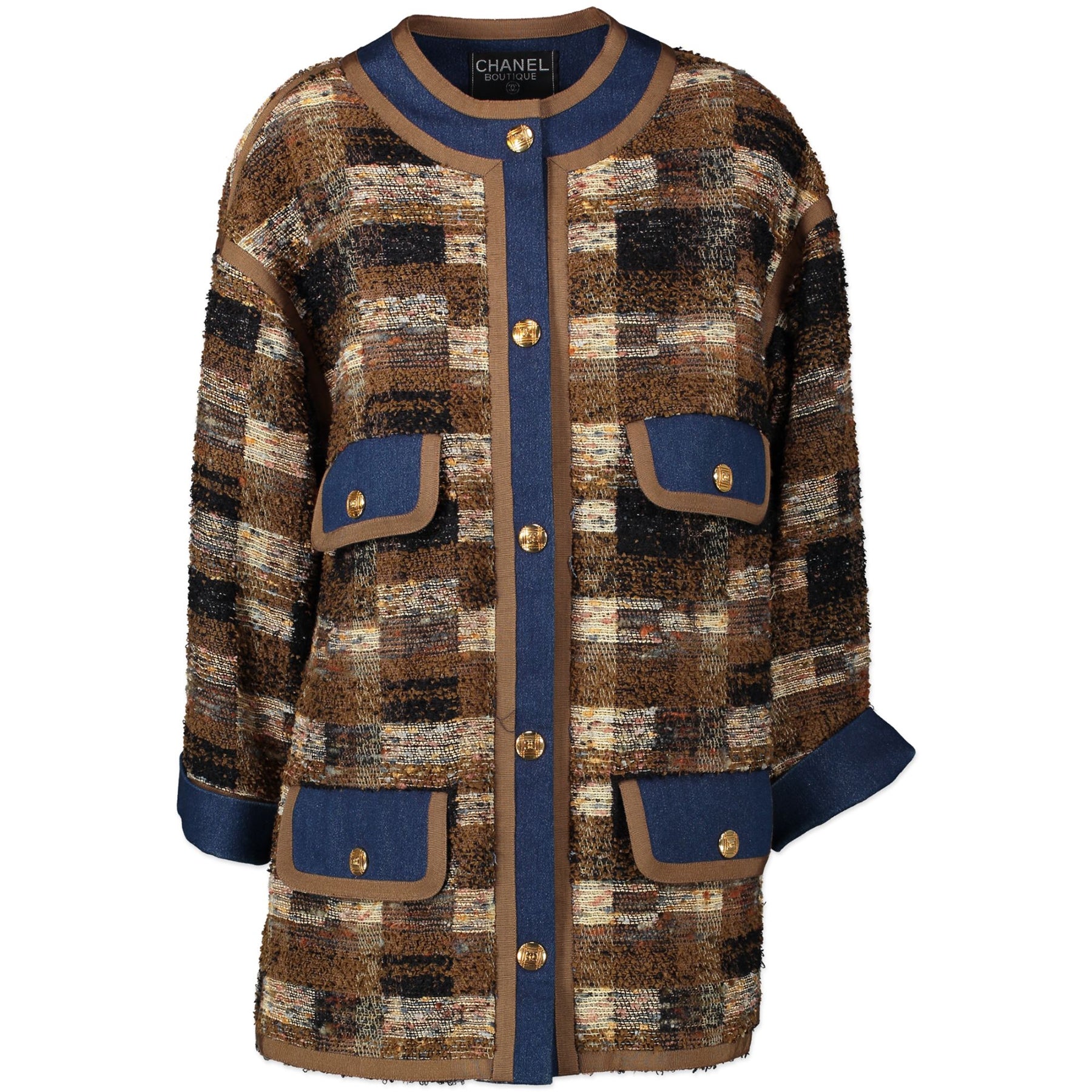 Chanel Brown Tweed and Denim Jacket voor de beste prijs bij Labellov tweedehands