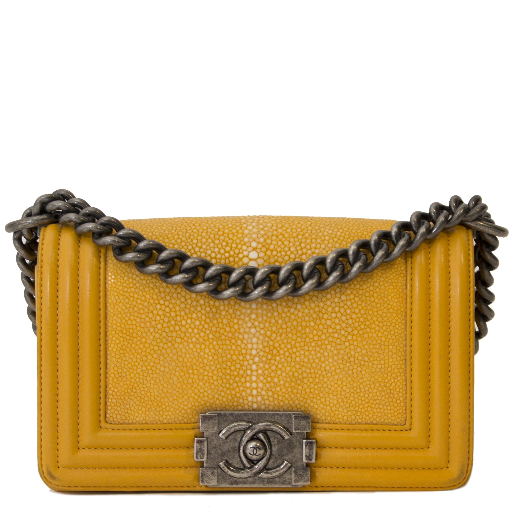 shop safe online secondhand Chanel Small Yellow Galuchat Stingray Boy Bag