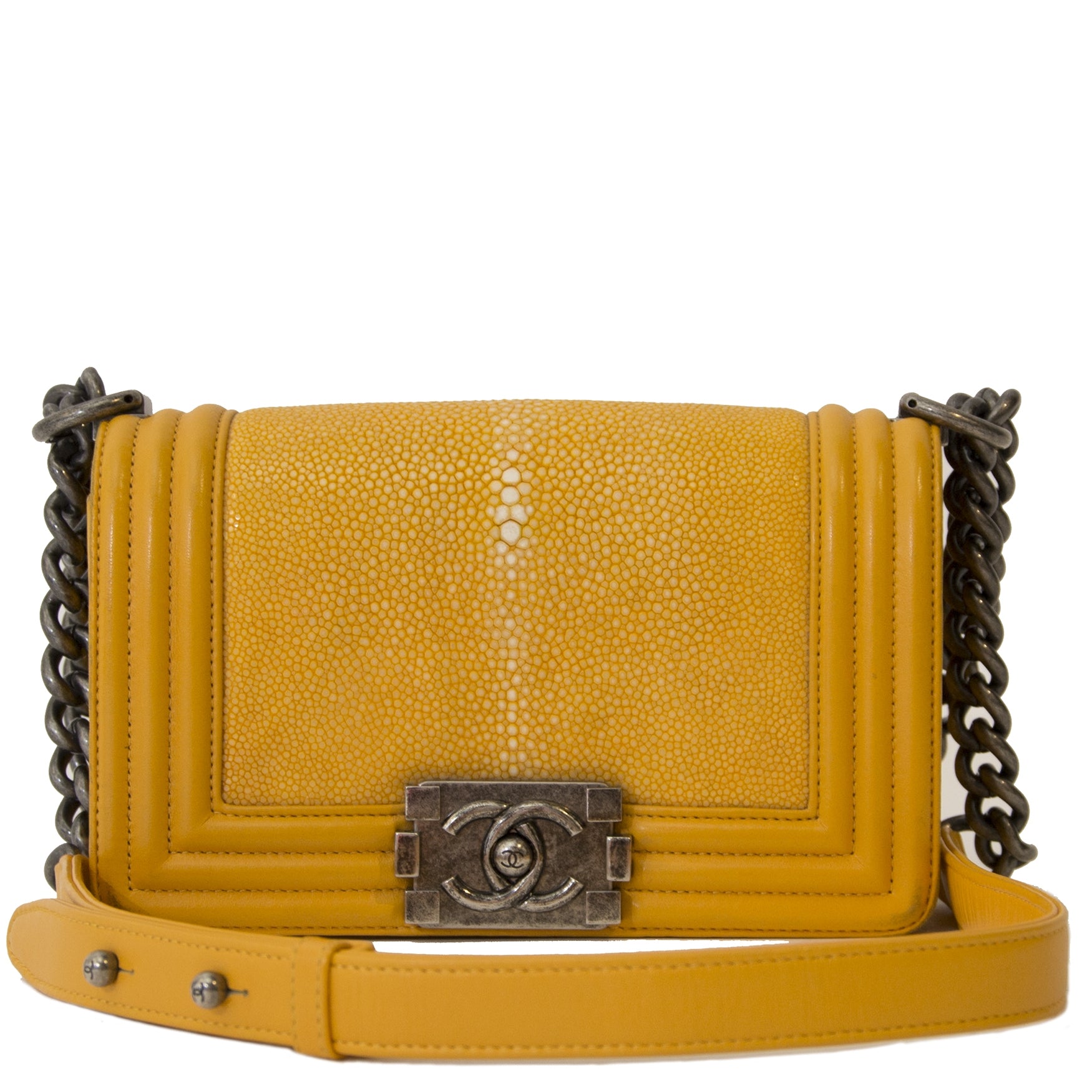 shop safe online secondhand Chanel Small Yellow Galuchat Stingray Boy Bag