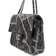 Chanel Small Black Quilted Tweed/Leather Patchwork Stitch Flap Bag