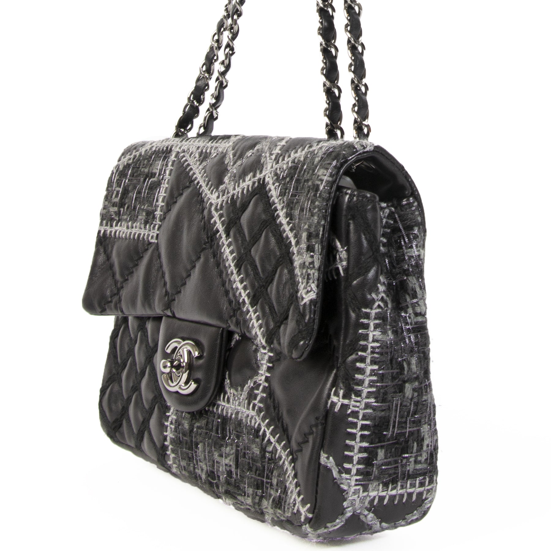 Chanel Small Black Quilted Tweed/Leather Patchwork Stitch Flap Bag