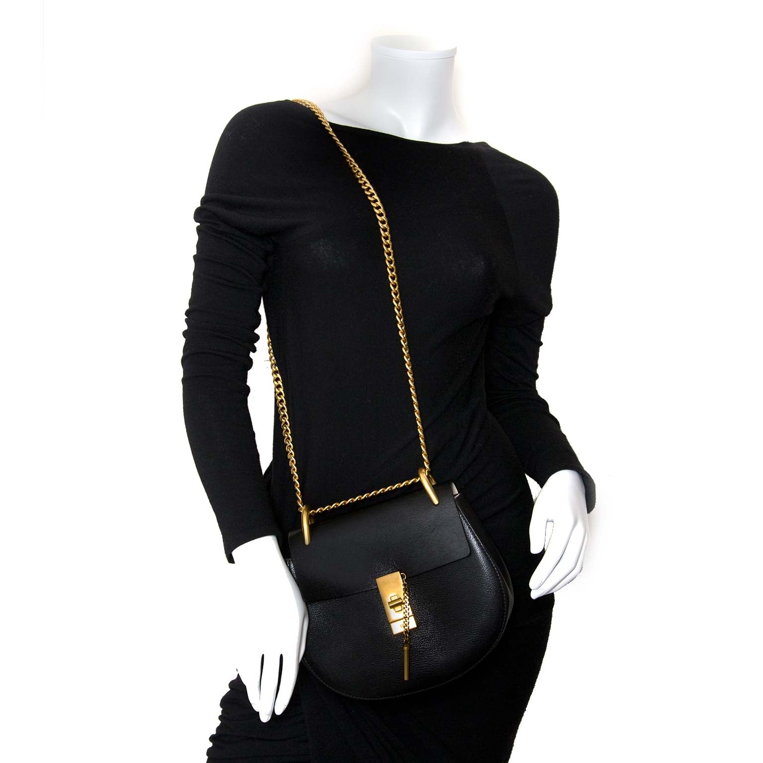 chloe black drew textured-leather shoulder bag now for sale at vintage fashion webshop belgium