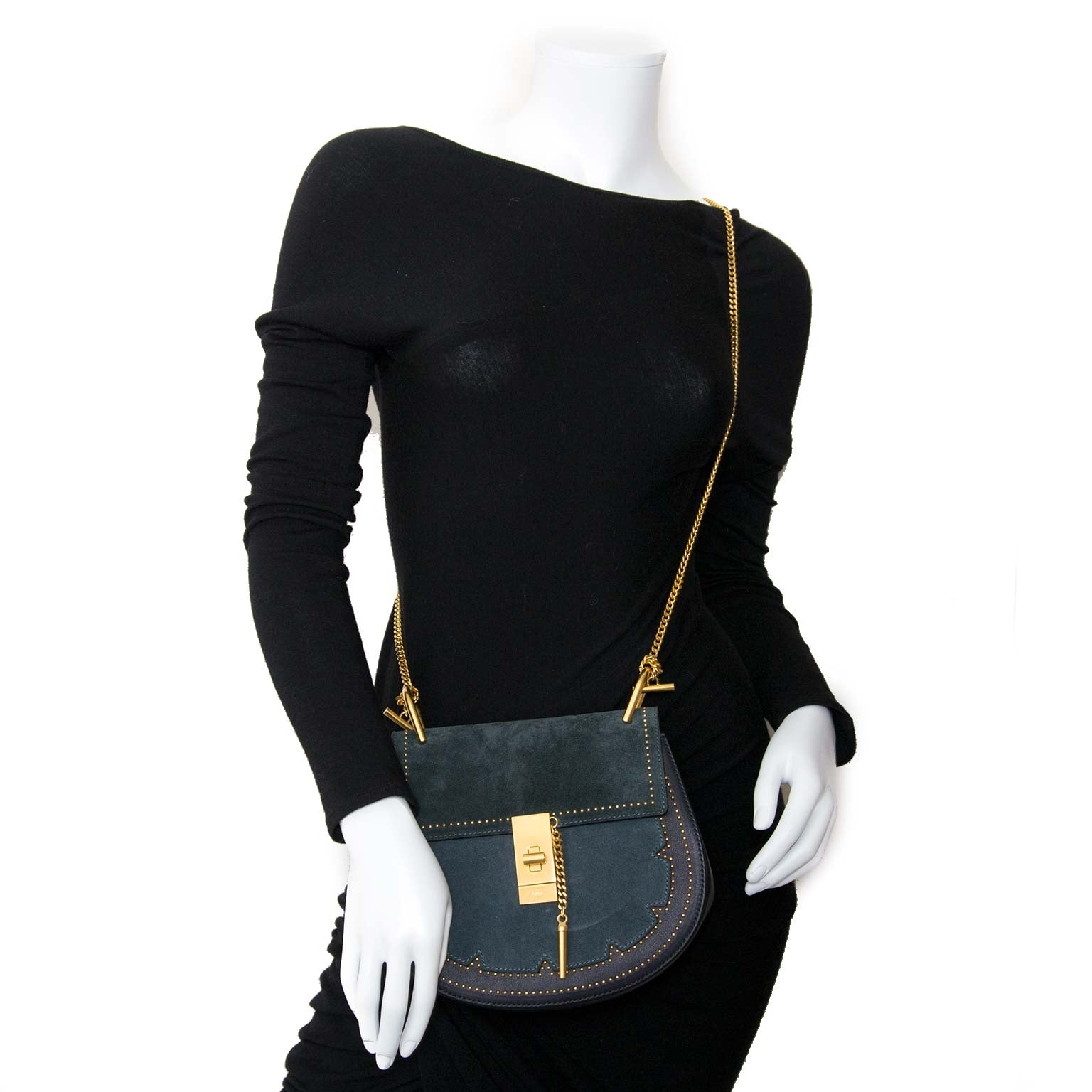 chloé drew studded suede and leather shoulder bag at labellov vintage fashion webshop belgium