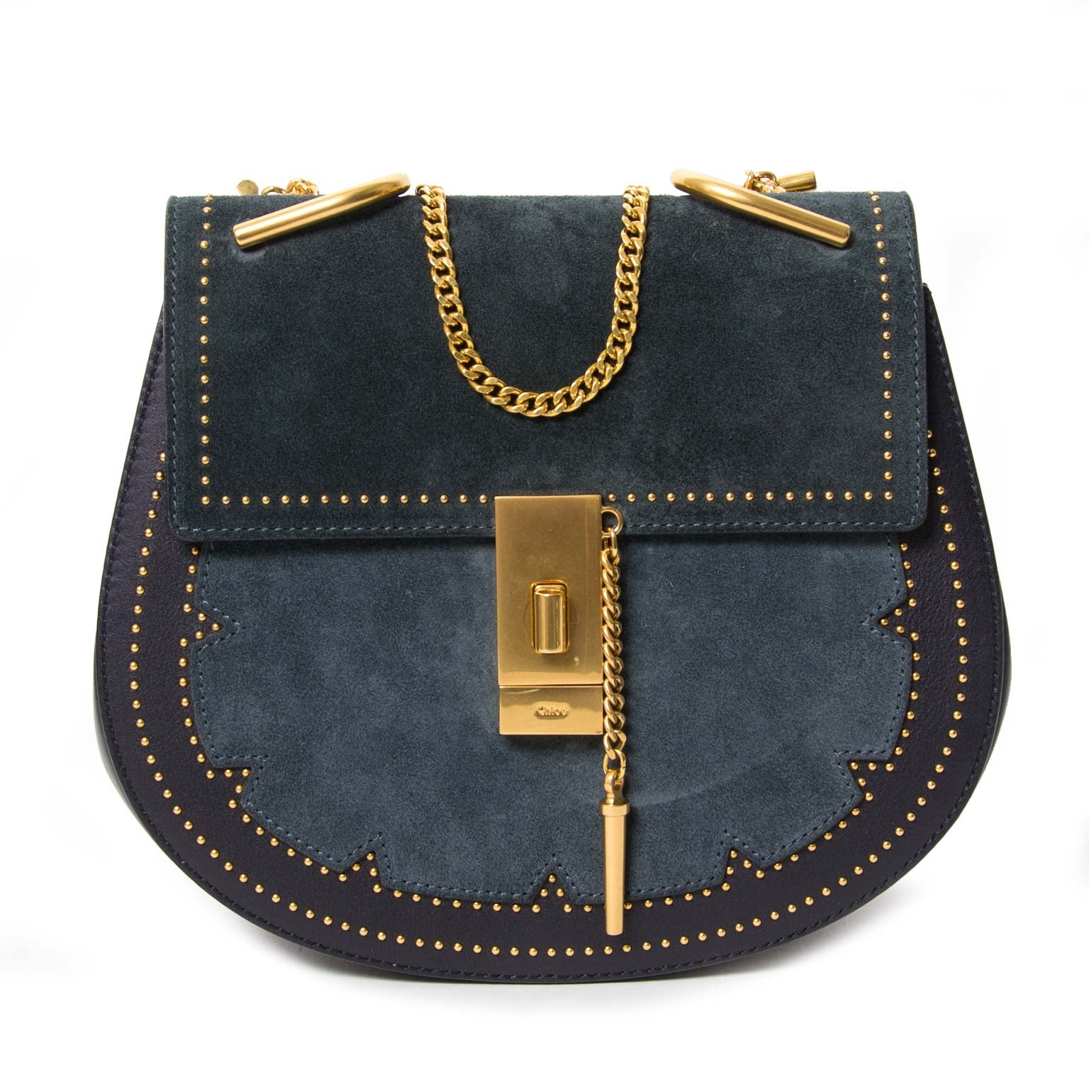 chloé drew studded suede and leather shoulder bag at labellov vintage fashion webshop belgium