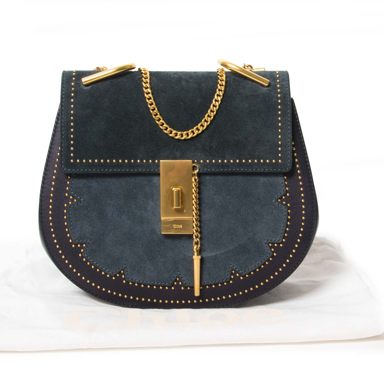chloé drew studded suede and leather shoulder bag at labellov vintage fashion webshop belgium