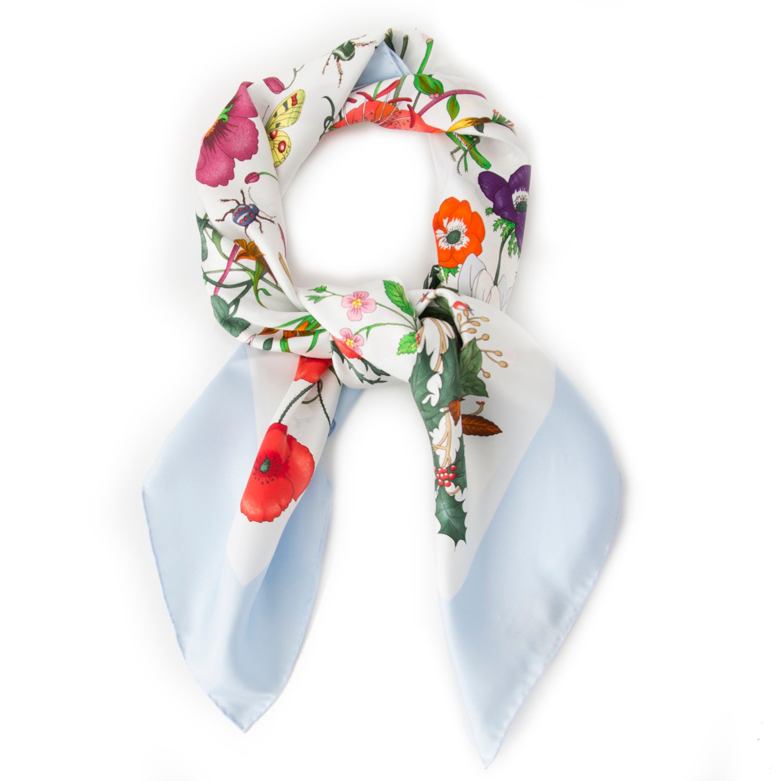 Gucci Light Blue Flora Silk Scarf in perfect condition for sale online at Labellov Secondhand Designer Luxury in Antwerp