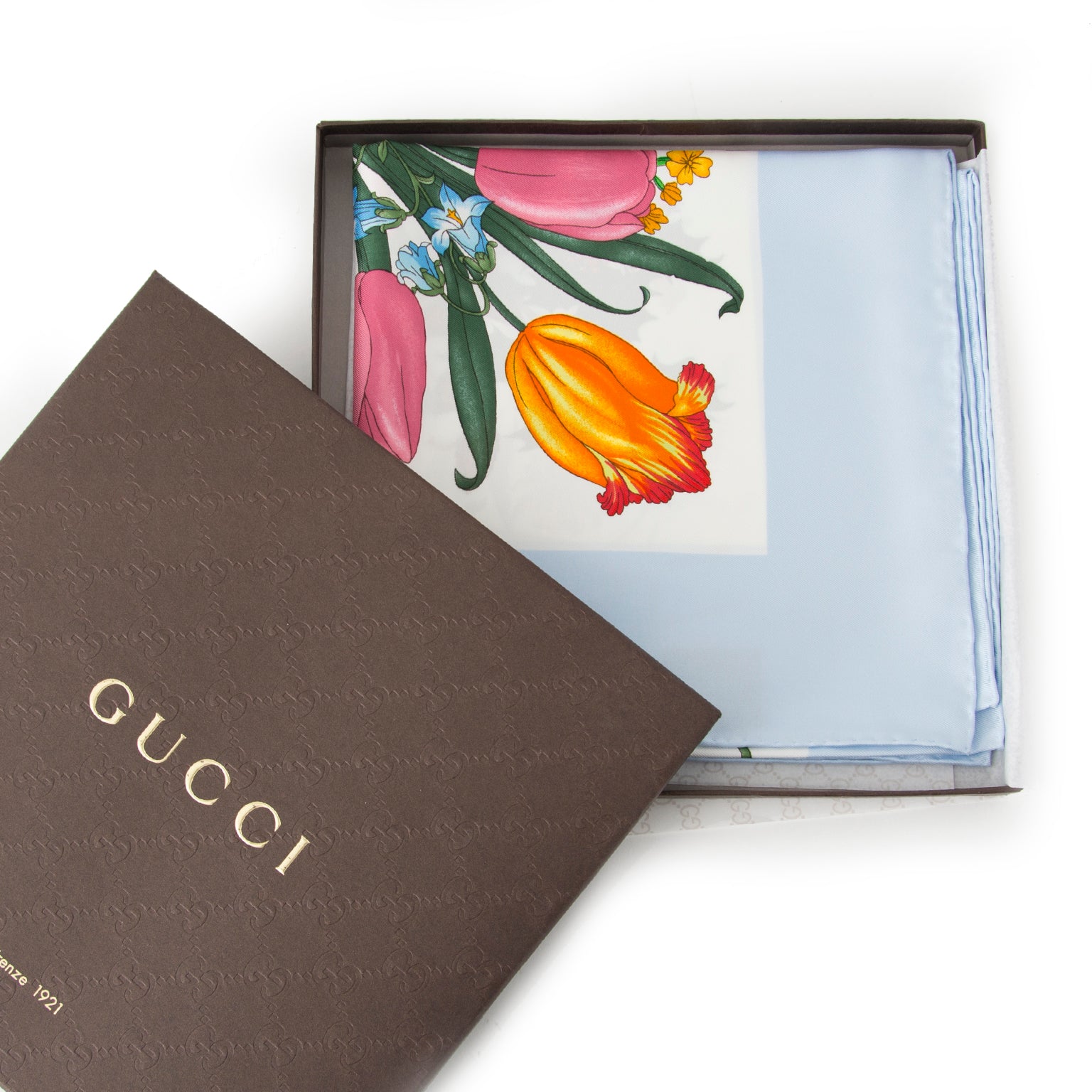 100% authentic silk scarf by Gucci Light Blue Flora Silk Scarf online with worldwide shipping