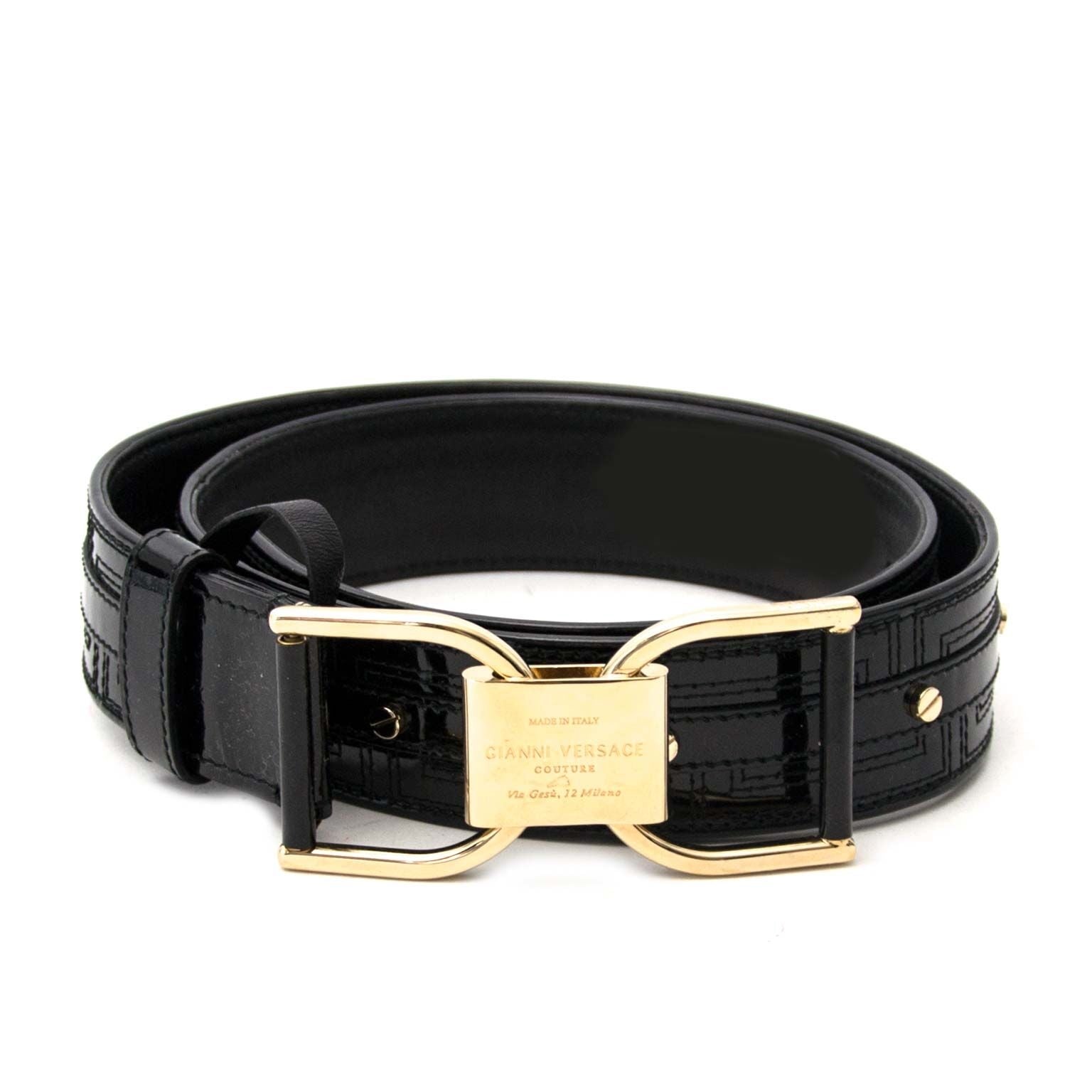 Black patent leather belt by versace for sale at labellov.com