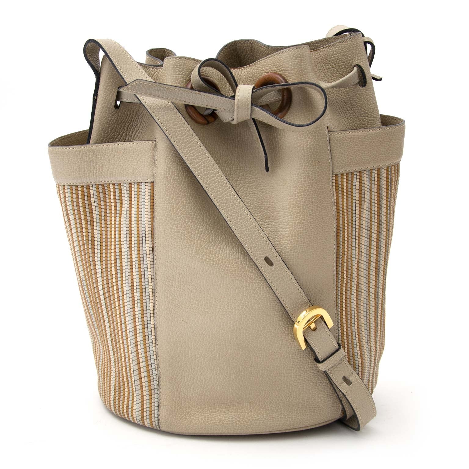Delvaux Beige Leather and Toile de Cuir Bucket Bag for sale online at Labellov Antwerp secondhand luxury