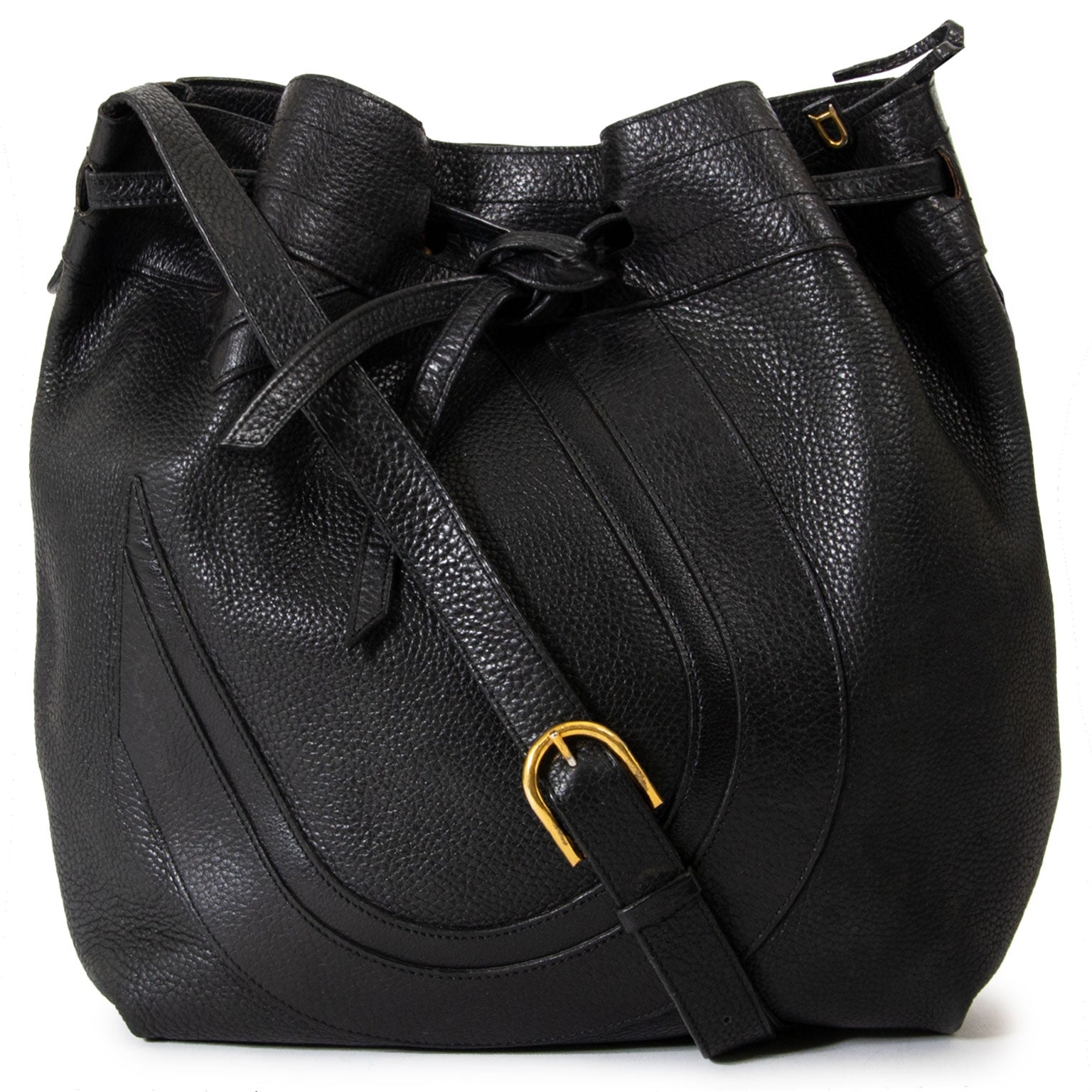 Delvaux Black Leather Drawstring Shoulder Bag for sale online at labellov secondhand
