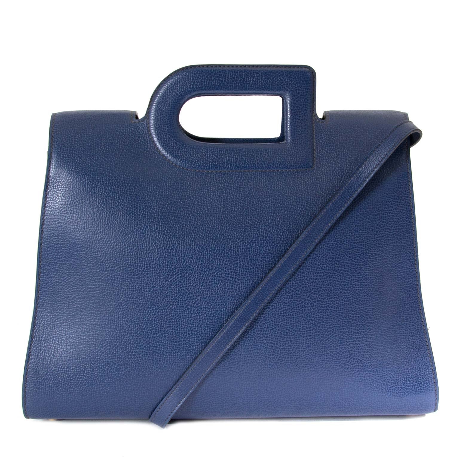 Delvaux Blue Leather 'D' Top Handle Bag now for sale at labellov vintage fashion webshop belgium