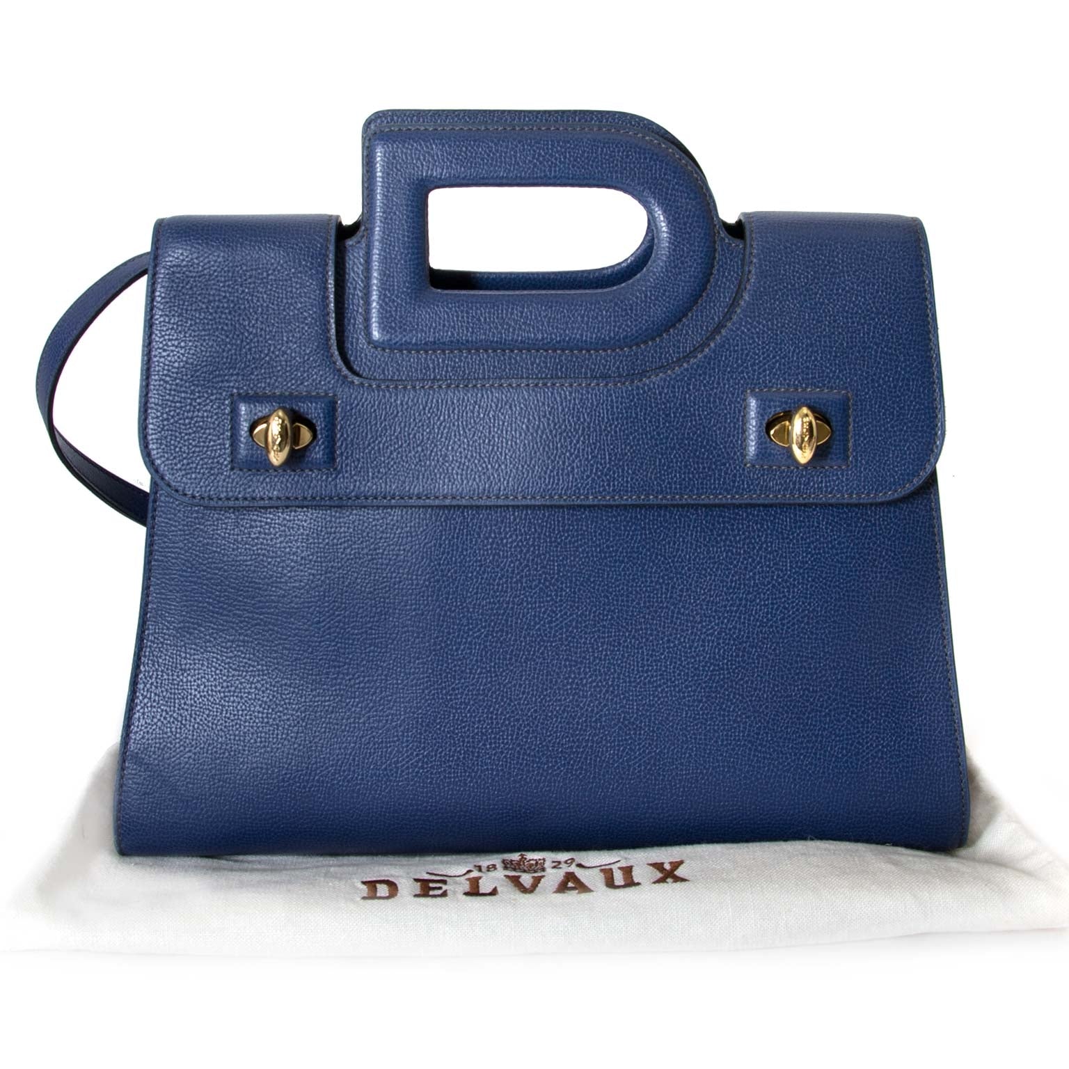 Delvaux Blue Leather 'D' Top Handle Bag now for sale at labellov vintage fashion webshop belgium