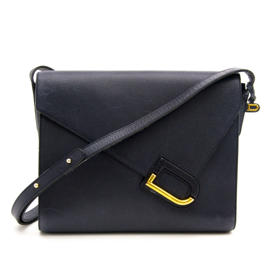 Delvaux Dark Blue Enveloppe Bag in leather with adjustable shoulder strap for the best price