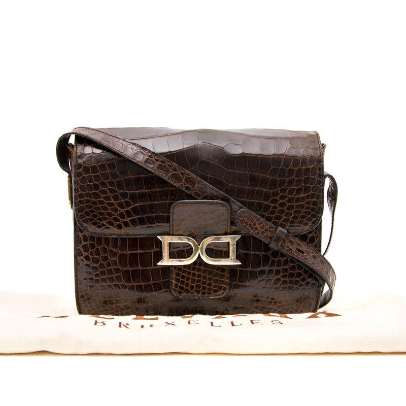 A very rare and unique Delvaux Brown Croco Bourgogne Shoulder Bag available online at Labellov