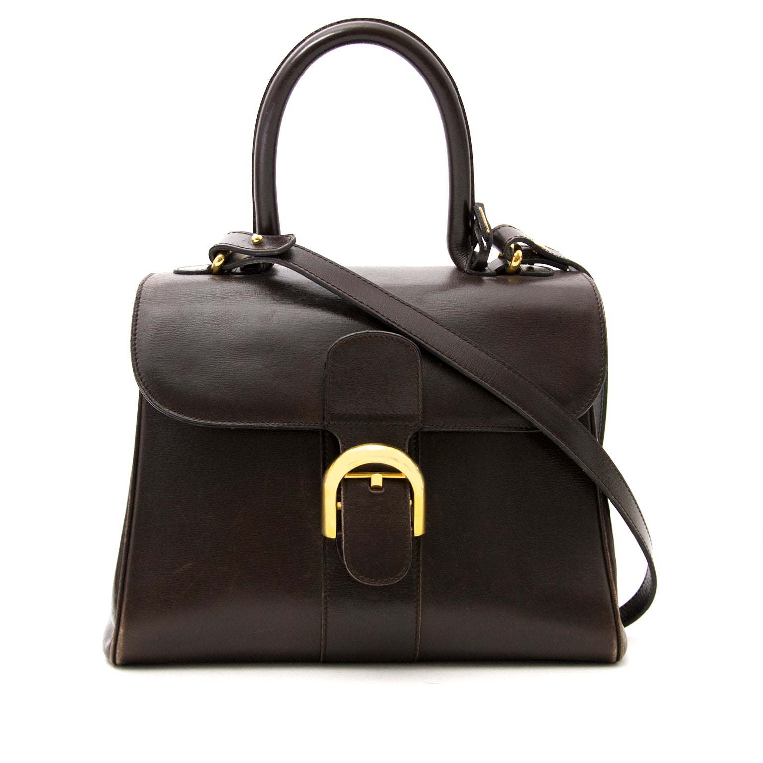 koop veilig online tweedehands Delvaux Brown Brillant MM + Strap