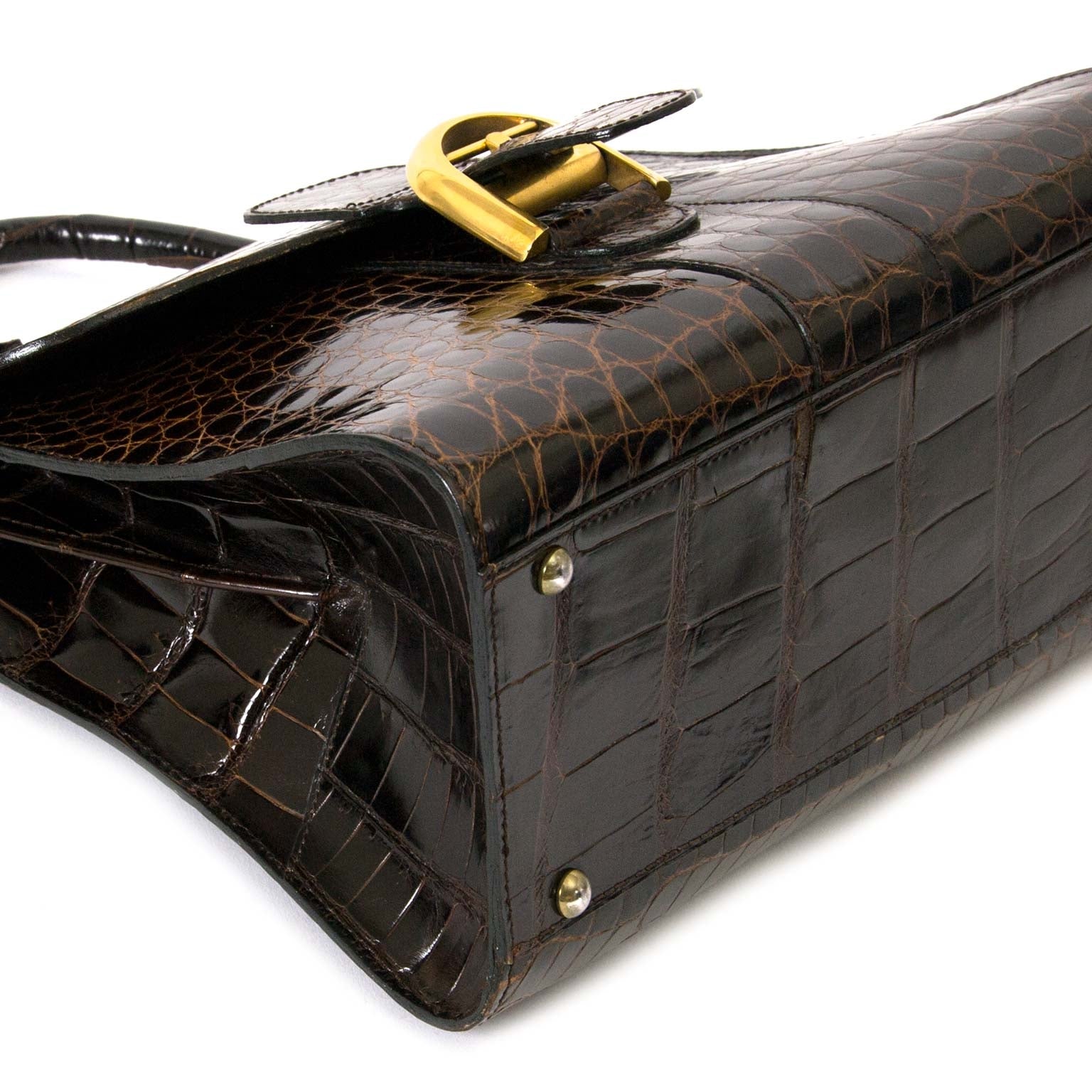 Delvaux Brown Croco Brillant MM now for sale at labellov vintage fashion webshop belgium