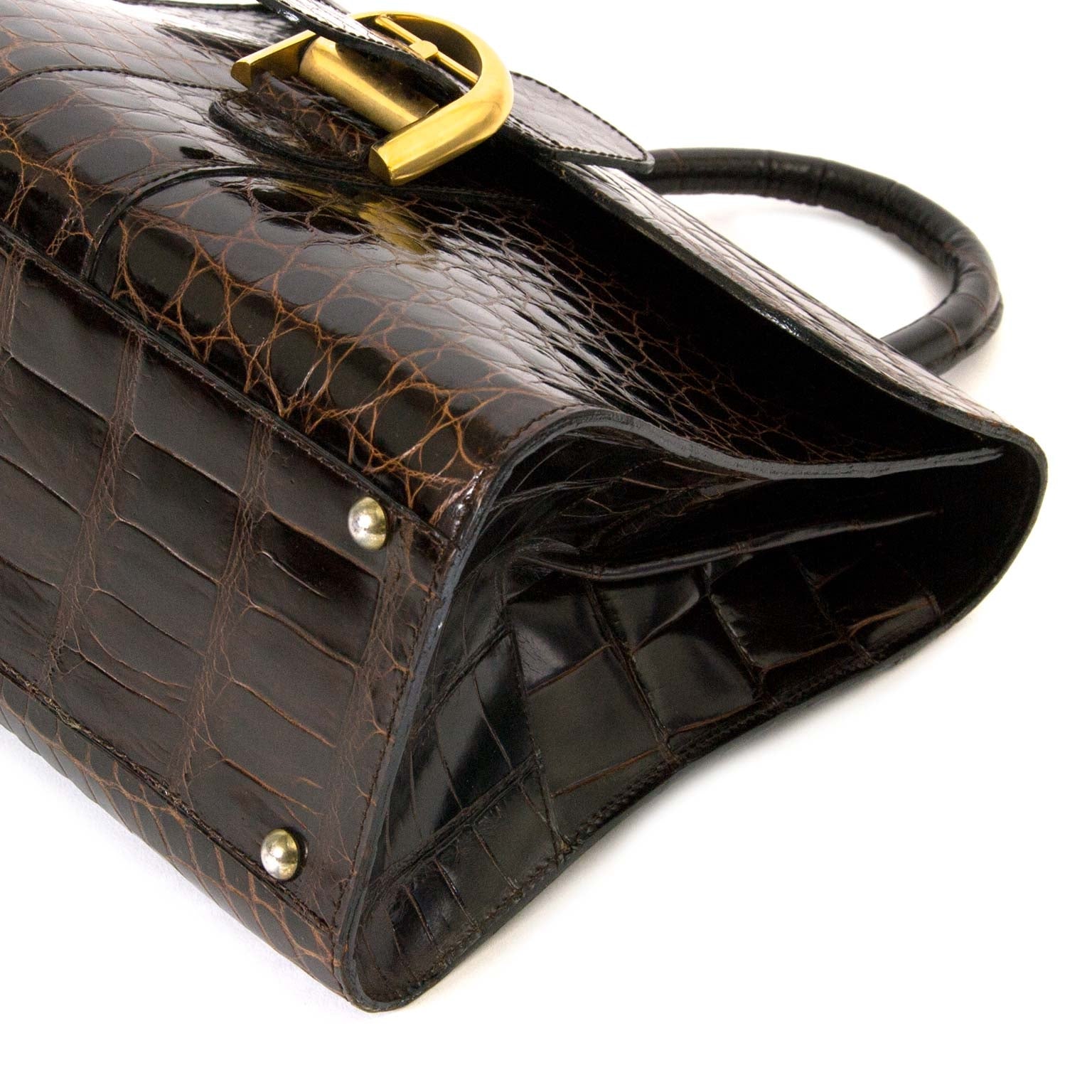 Delvaux Brown Croco Brillant MM now for sale at labellov vintage fashion webshop belgium
