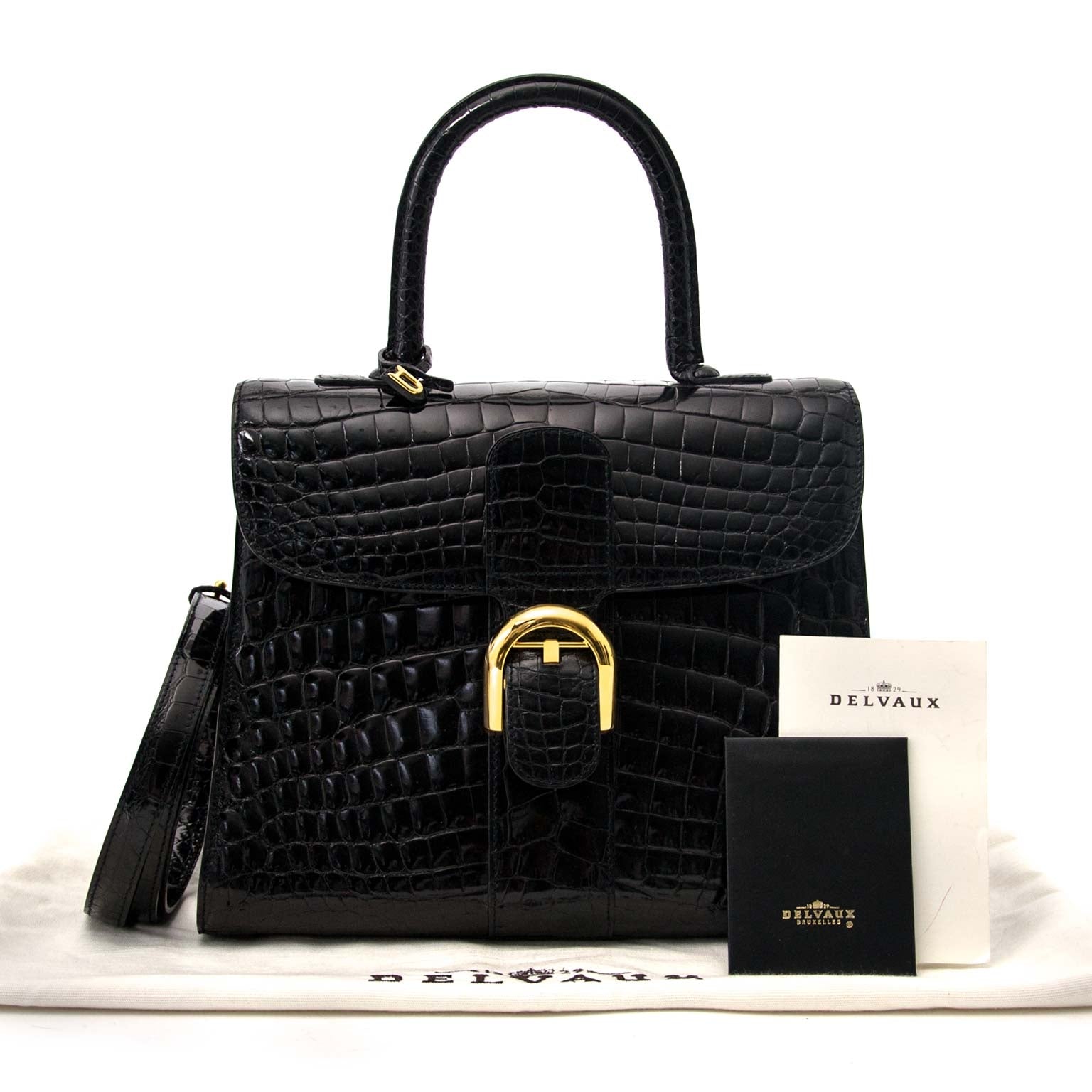 shop safe and secure online at labellov.com Delvaux Brillant MM Crocodile black with golden hardware + strap