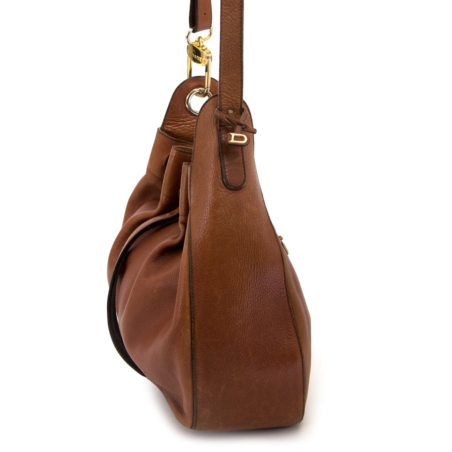 koop tweedehands authentieke Delvaux Brown Leather Drawstring Tote bij labellov vintage webshop