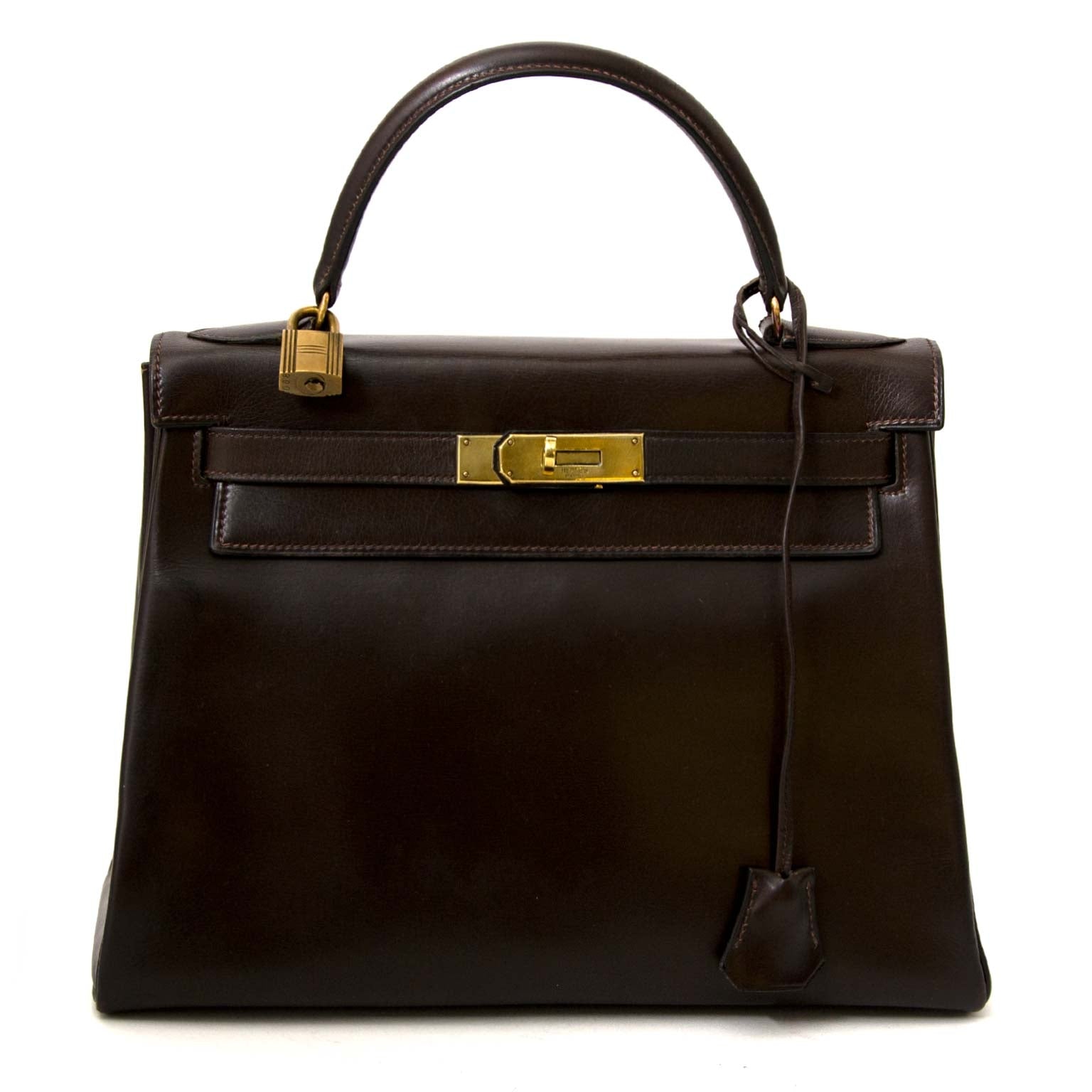 Hermès Kelly 28 Brown Boxcalf Vintage designer bag for sale at Labellov secondhand Antwerp