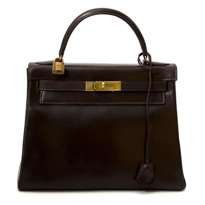 Hermès Kelly 28 Brown Boxcalf Vintage designer bag for sale at Labellov secondhand Antwerp